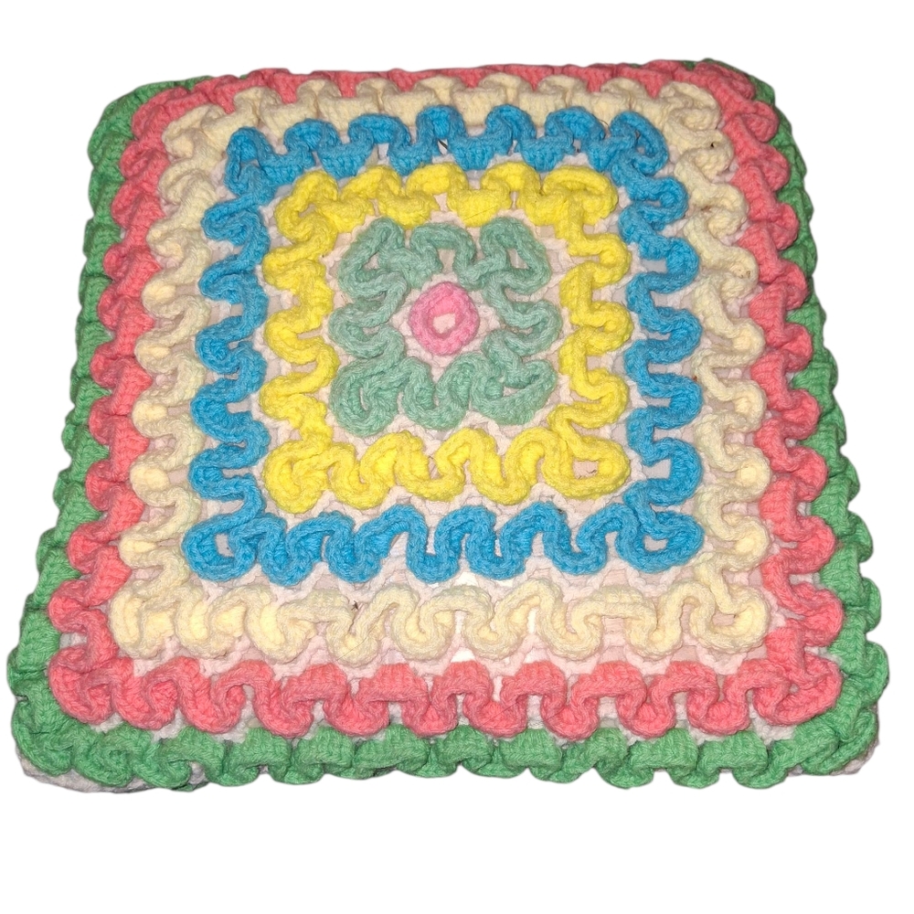 Title:Retro Vintage Throw Pillow 20x20 Ruffle Crochet Pastel Multicolor Decor